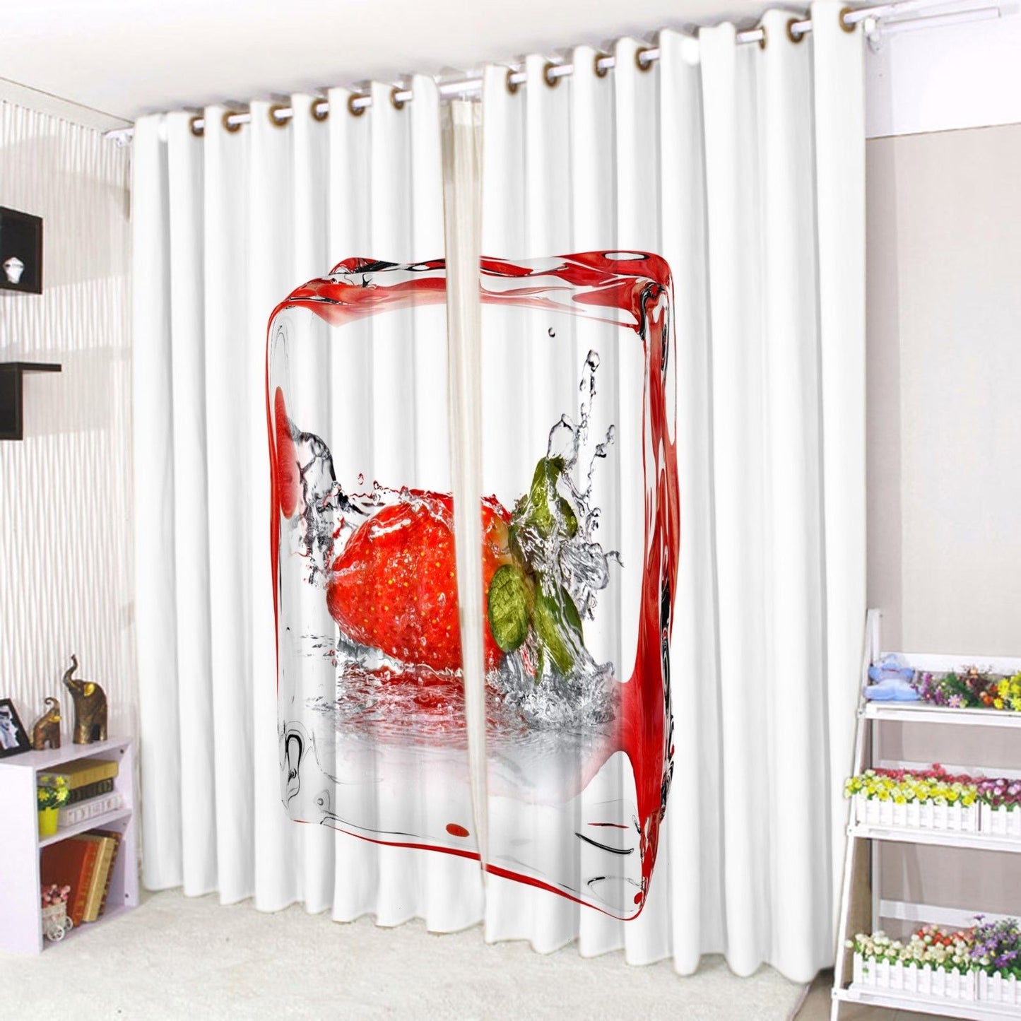 Eyelet Curtains Ring top Pair of 3d Printed Curtains strawberry