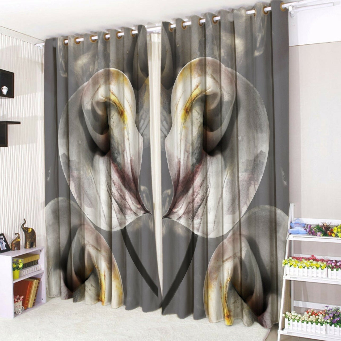 Eyelet Curtains Ring top Pair of 3d Printed Curtains Lilly Grey