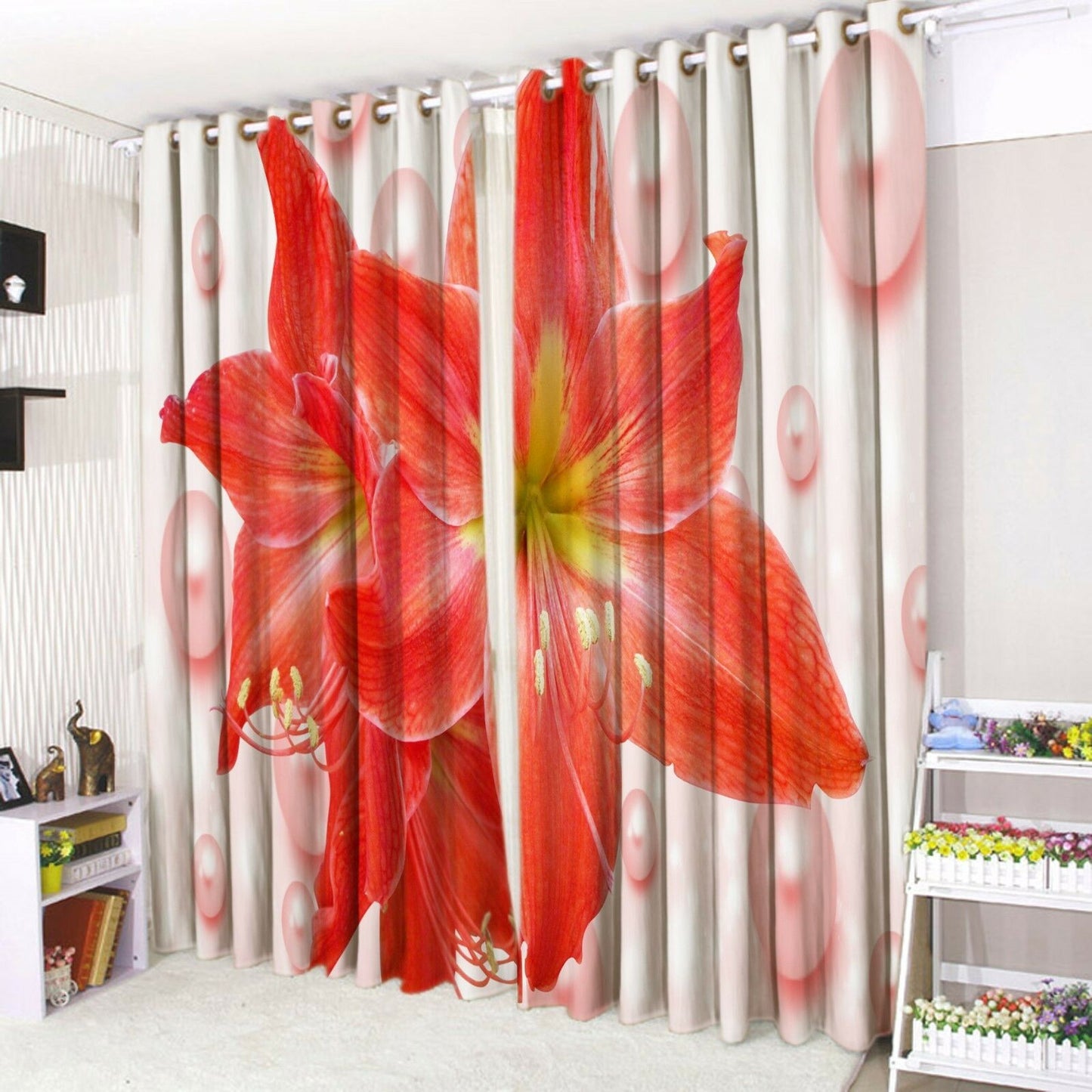 Eyelet Curtains Ring top Pair of 3d Printed Curtains Tulip Red