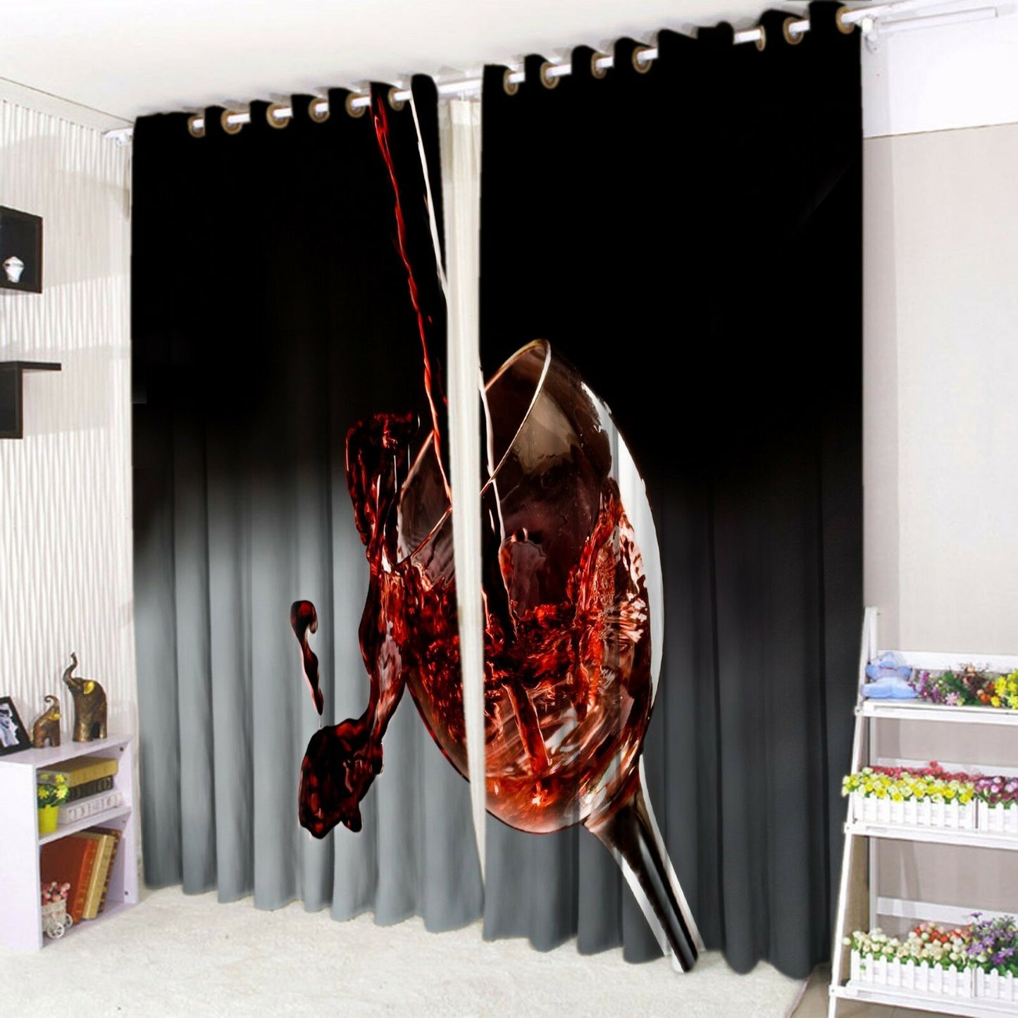Eyelet Curtains Ring top Pair of 3d Printed Curtains Wine Glass