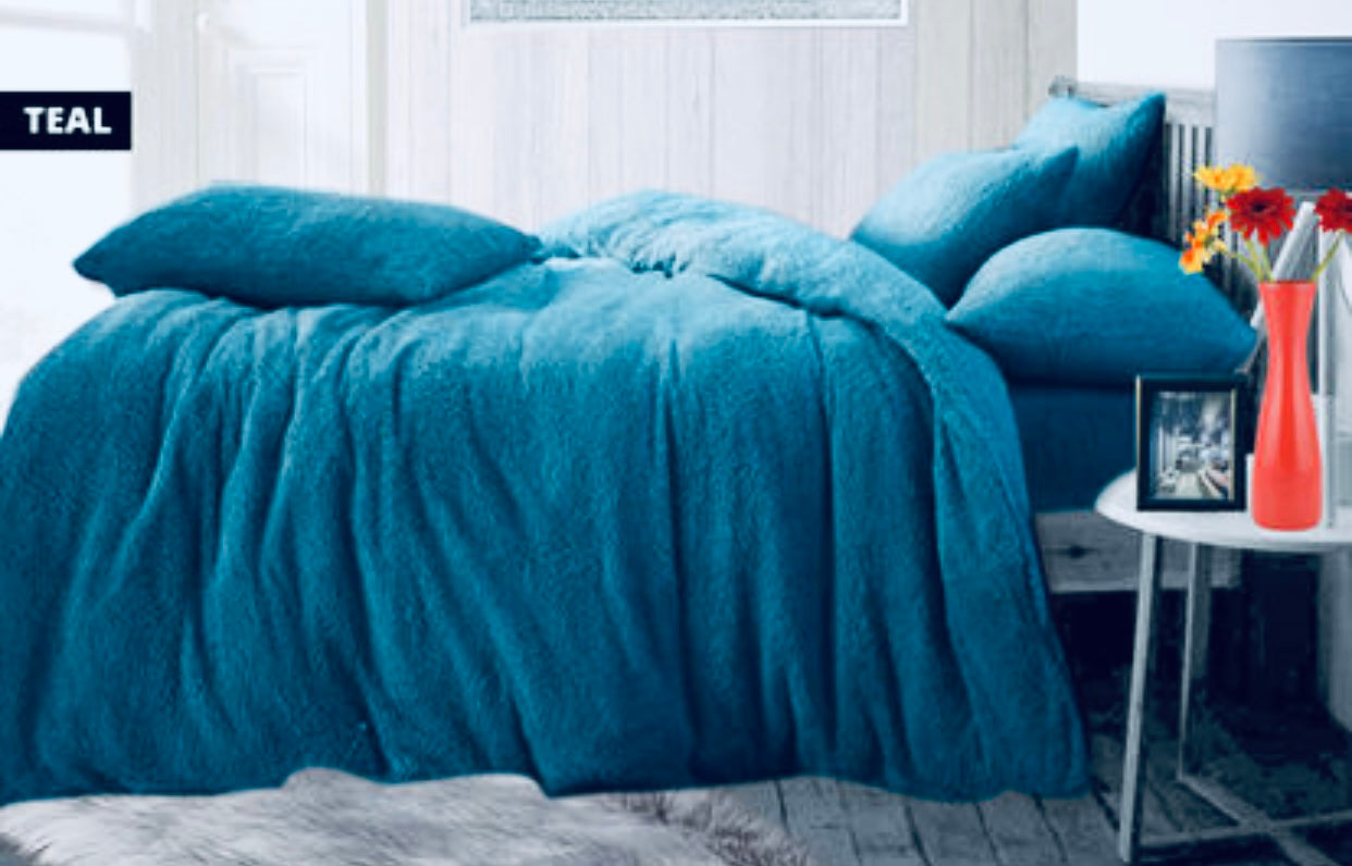 Teddy Bear Fleece Fitted Sheet OR Duvet Cover Set Sherpa Thermal Warm Bedding teal