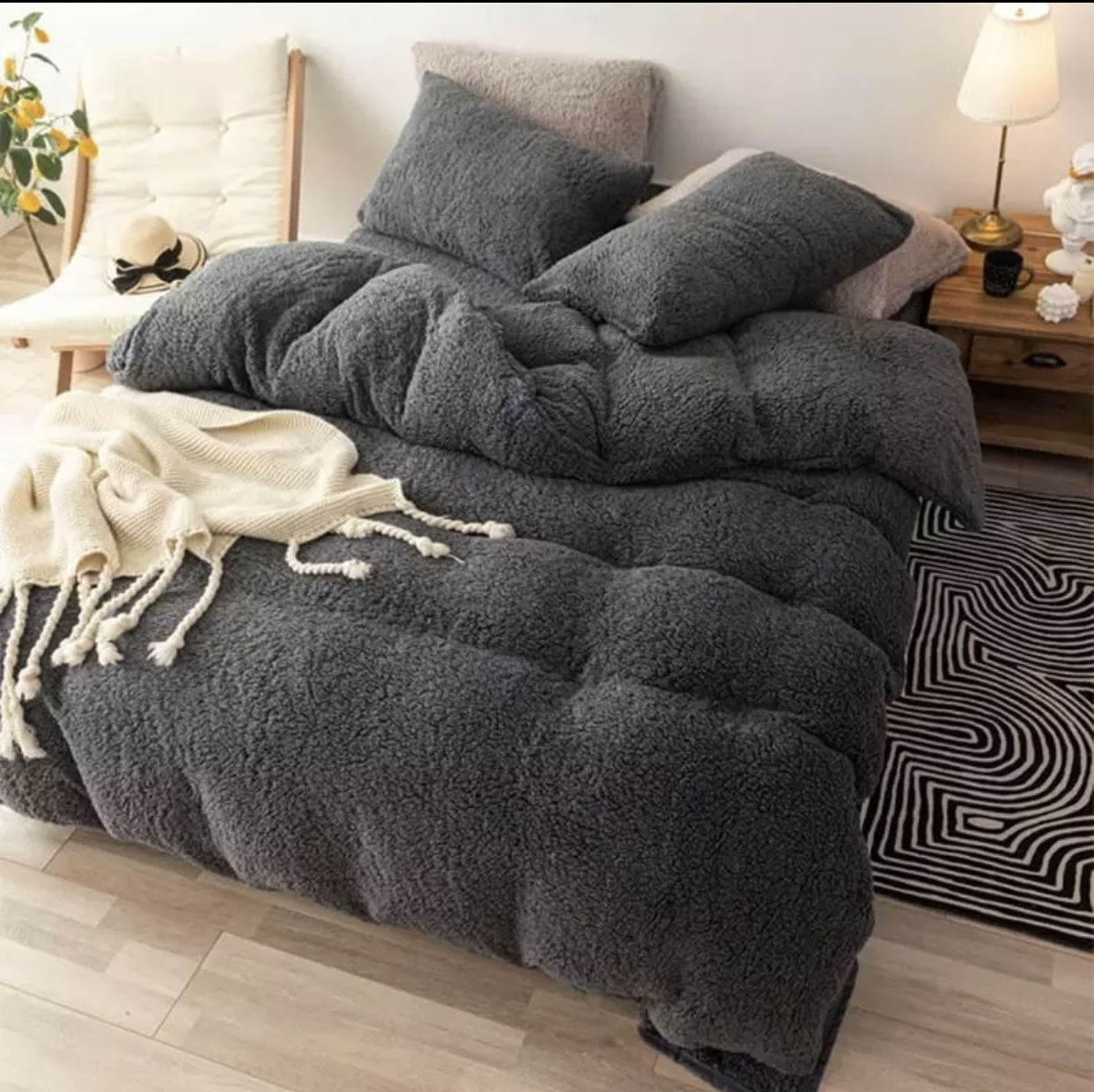 Teddy Bear Fleece Fitted Sheet OR Duvet Cover Set Sherpa Thermal Warm Bedding Grey