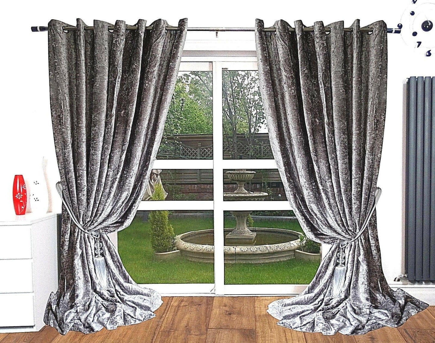 Crushed Velvet Curtains Eyelet Ring Top Ready Made Blackout curtains Silver
