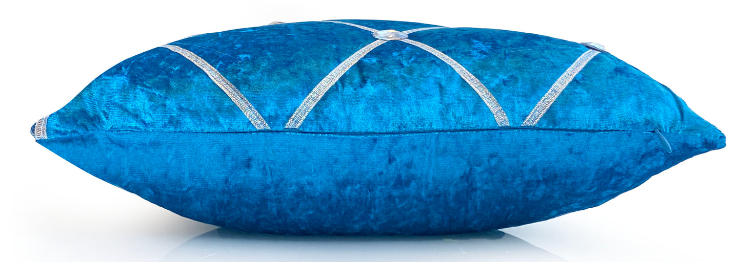 Large Crush Velvet Cushions or Covers Diamante Chesterfield 3 Sizes TEAL BLUE side view