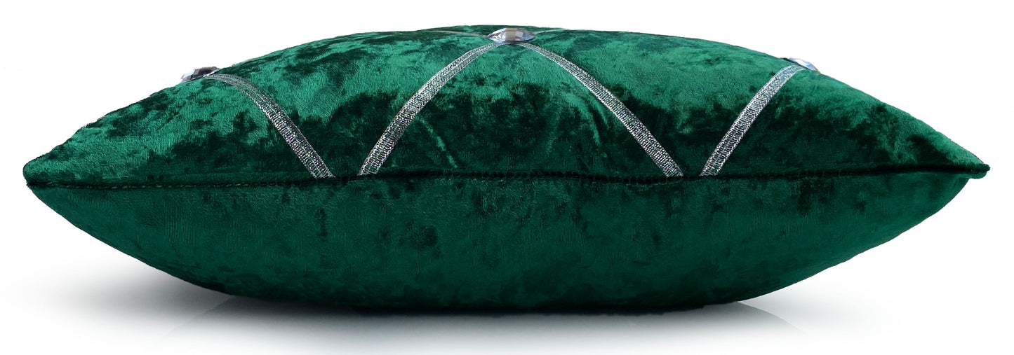 Large Crush Velvet Cushions or Covers Diamante Chesterfield 3 Sizes BOTTLE GREEN side view