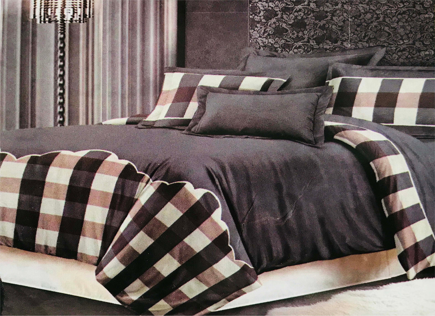 Quilted Bedspread Throw Comforter Bedding Sets Checks GREY