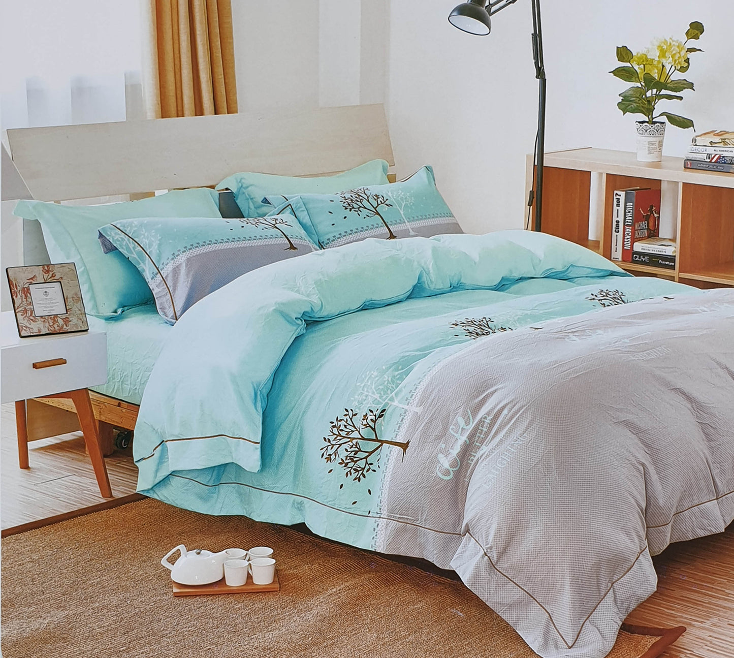 Duvet Cover Set with Pillow Cases 90 GSM SILVER BLUE TREE