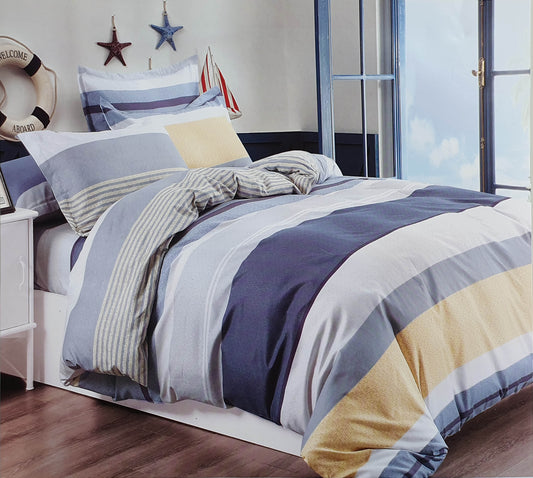 Duvet Cover Set with Pillow Cases 90 GSM Stripe Blue Mustard