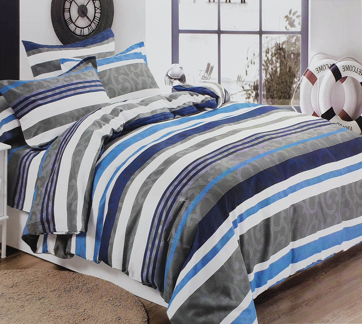 Duvet Cover Set with Pillow Cases 90 GSM STRIPE BLUE WHITE