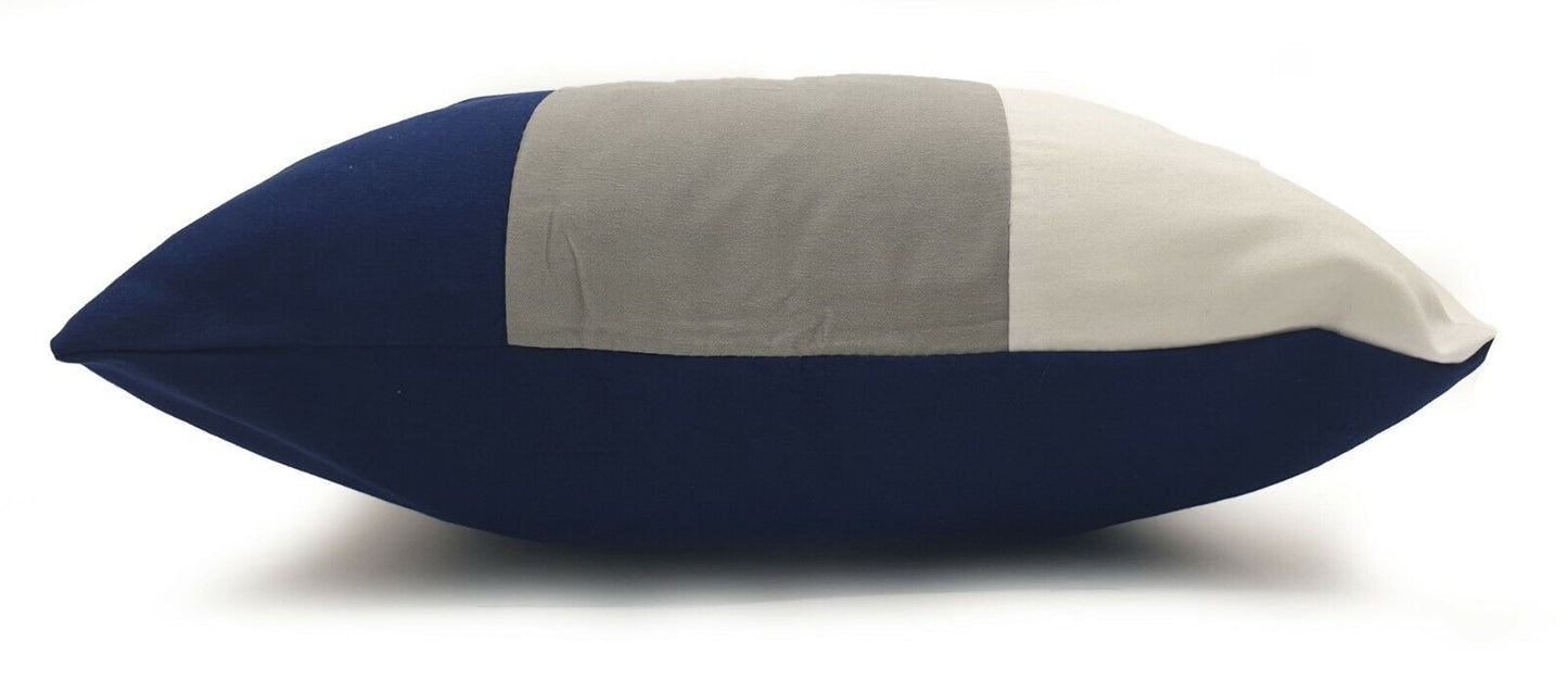 Eyelet curtains Navy Blue Ring Top Fully Lined Pair of curtains 3 Tone Navy Grey White Cushions Side view