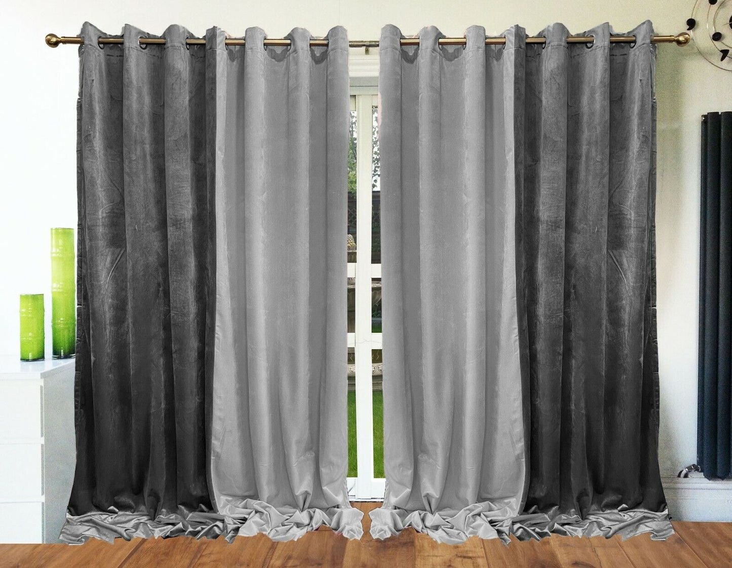 Ring Top Eyelet Curtains ITALY Plush Velvet 2 tone SILVER/grey