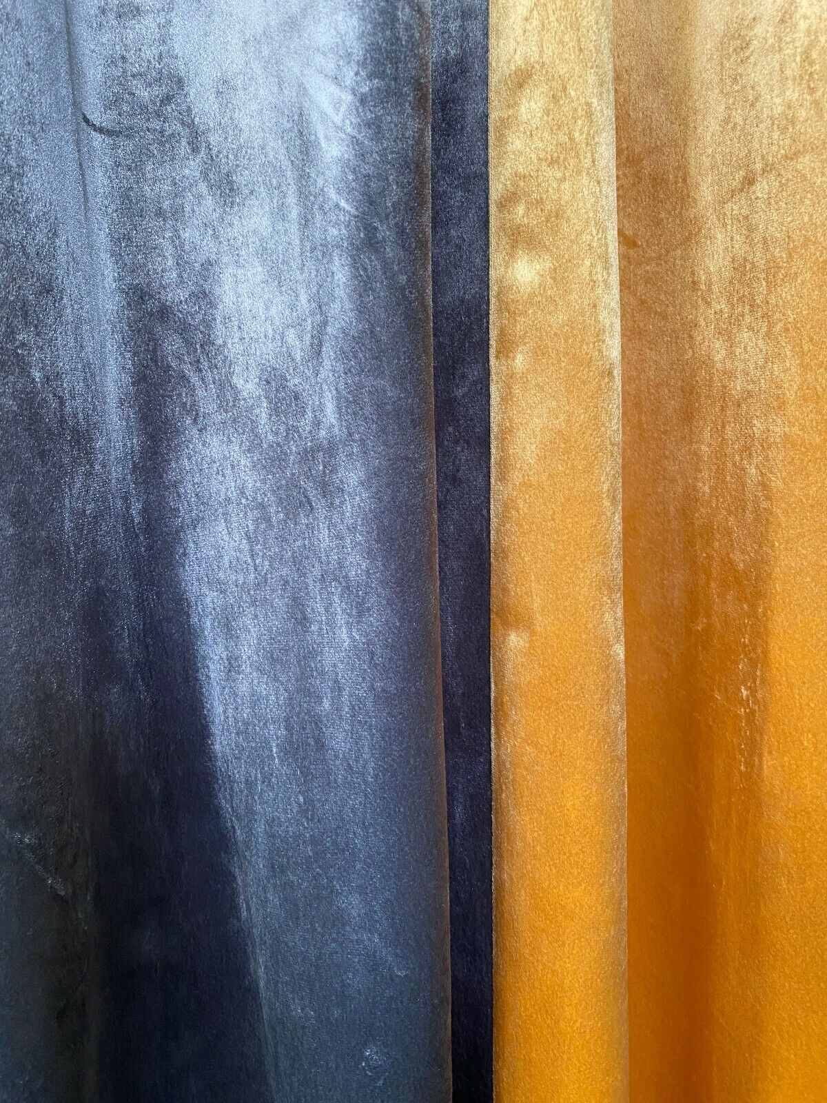 Ring Top Eyelet Curtains ITALY Plush Velvet 2 tone MUSTARD YELLOW/grey material view