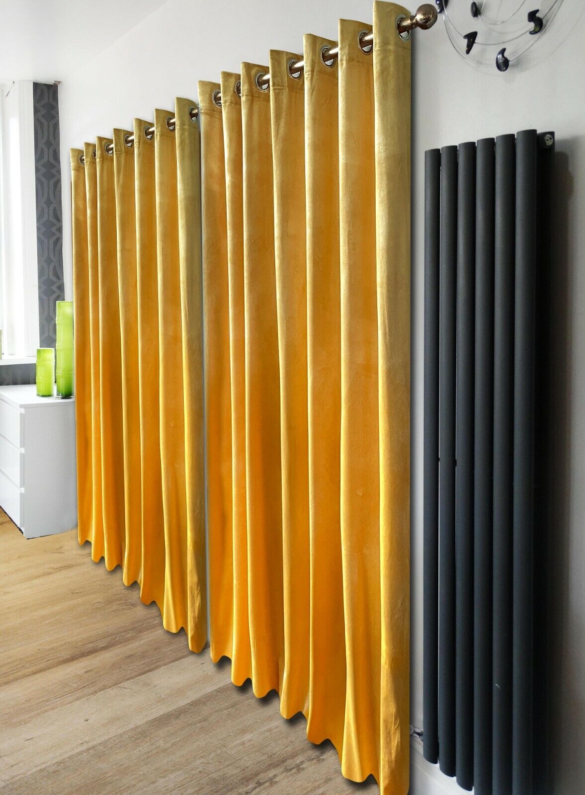 Eyelet Curtains Ring Top Lined Curtains ITALY Plush Velvet MUSTARD YELLOW eyelets view