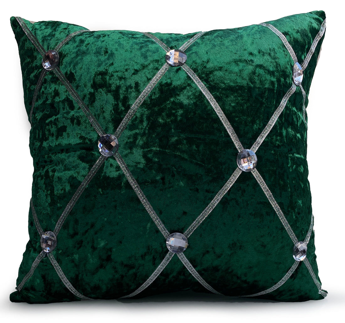 Chesterfield crush velvet diamante cushion with luxury silver crystal trim for sofas and home décor.