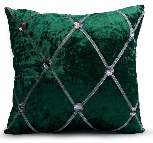 Chesterfield crush velvet diamante cushion with luxury silver crystal trim for sofas and home décor.