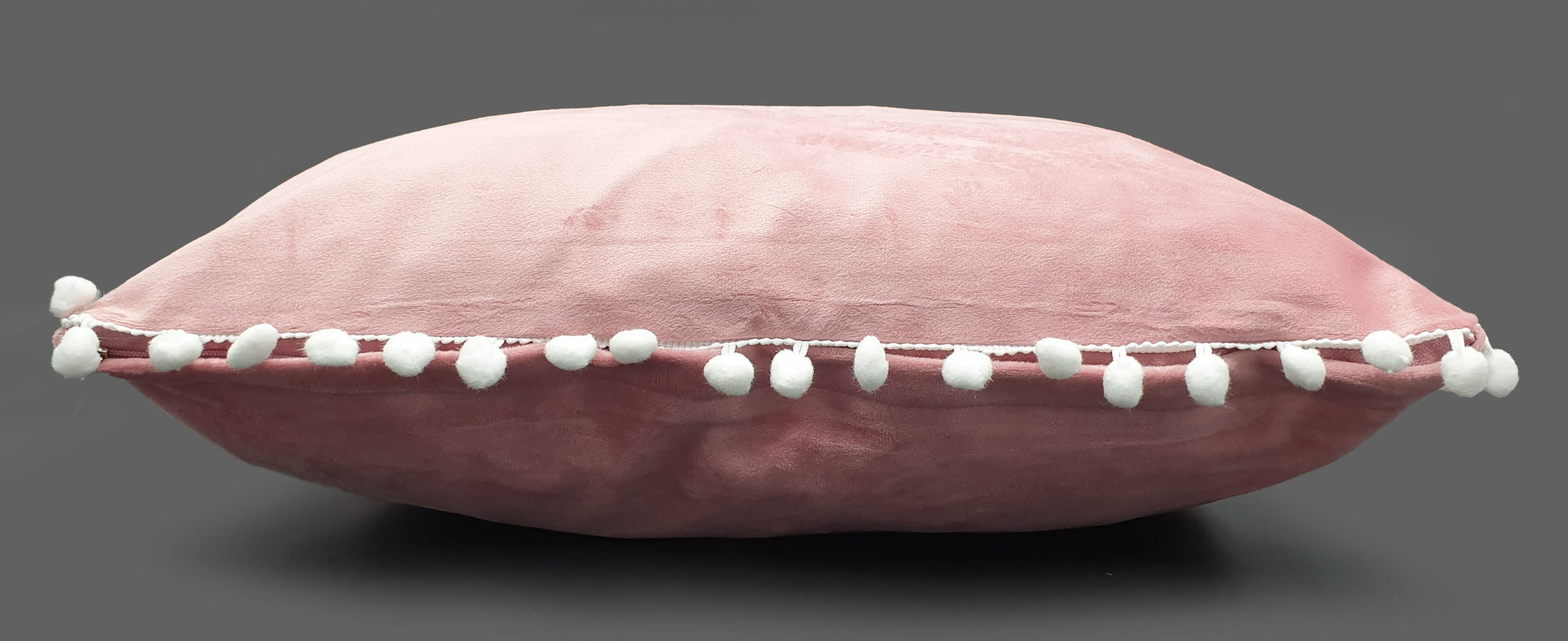 Pom Pom Cushion or Cover Plush Velvet White Pom Pom Soft Pink Side view