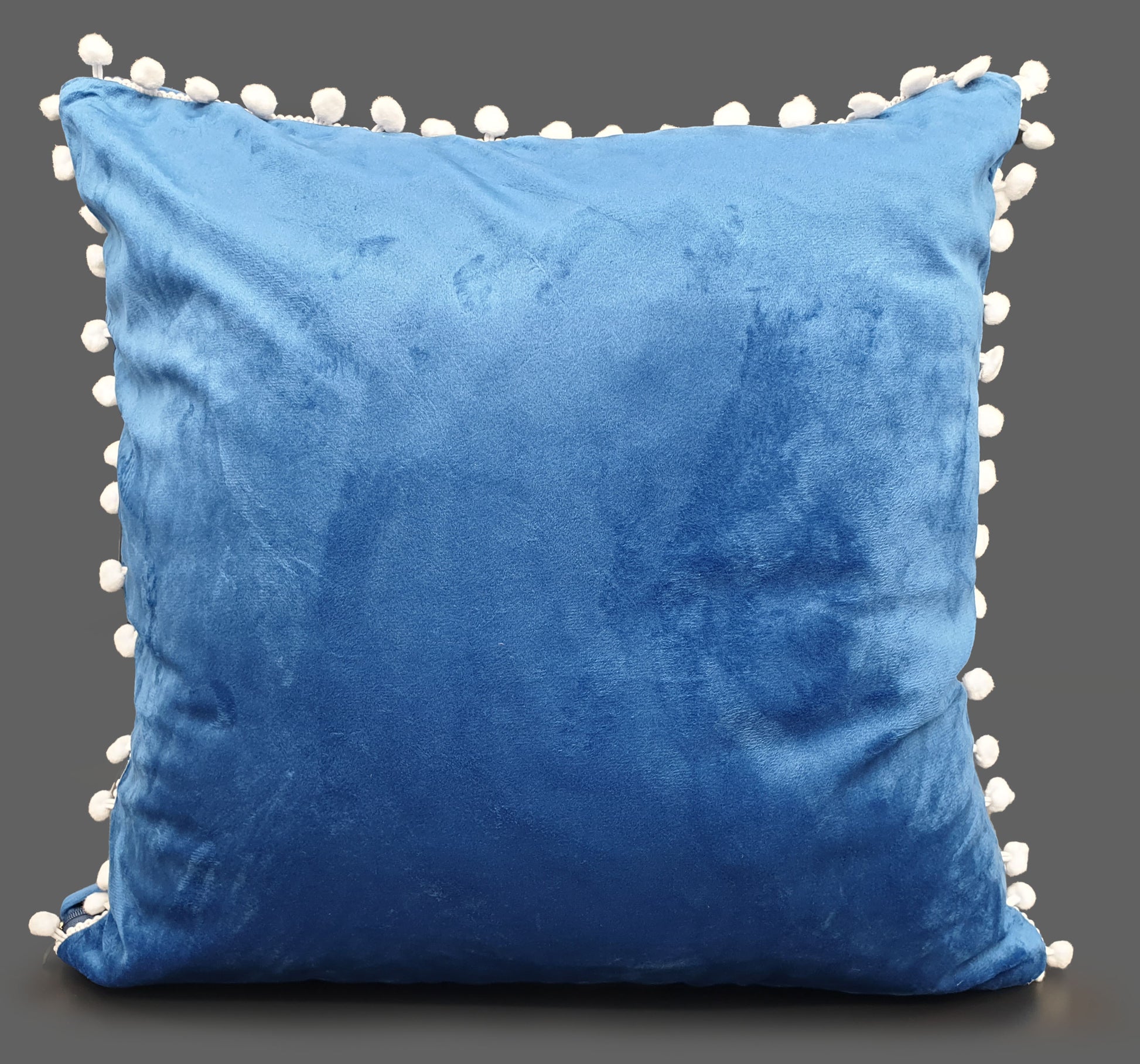 Pom Pom Cushion or Cover Plush Velvet White Pom Pom Blue