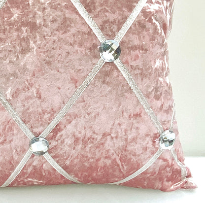 Large Crush Velvet Cushions or Covers Diamante Chesterfield 3 Sizes BLUSH PINK closer view