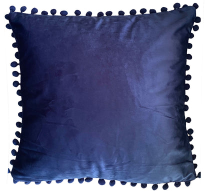 Pom Pom Cushion or Cover Plain Holland Plush Velvet 17" x 17" Navy Blue