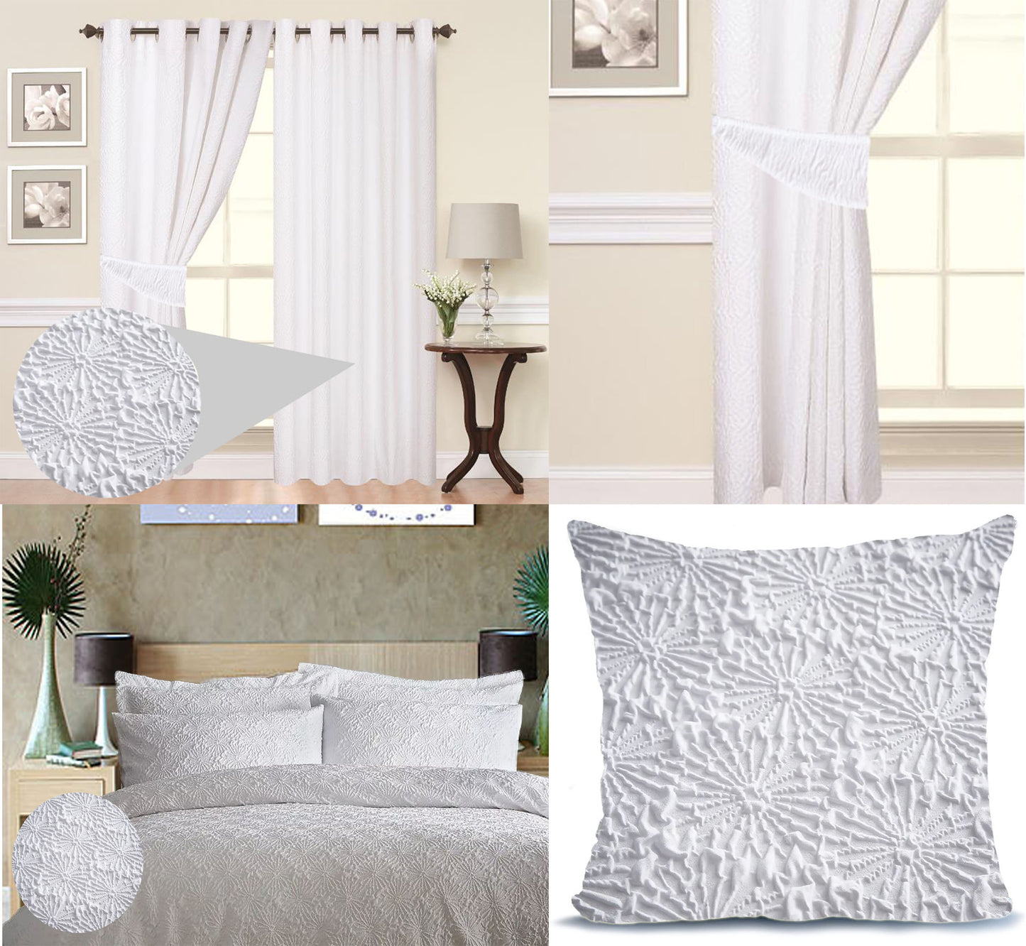 Embossed Duvet Cover Set Curtains Cushions Matching Astra White Floral Non Iron