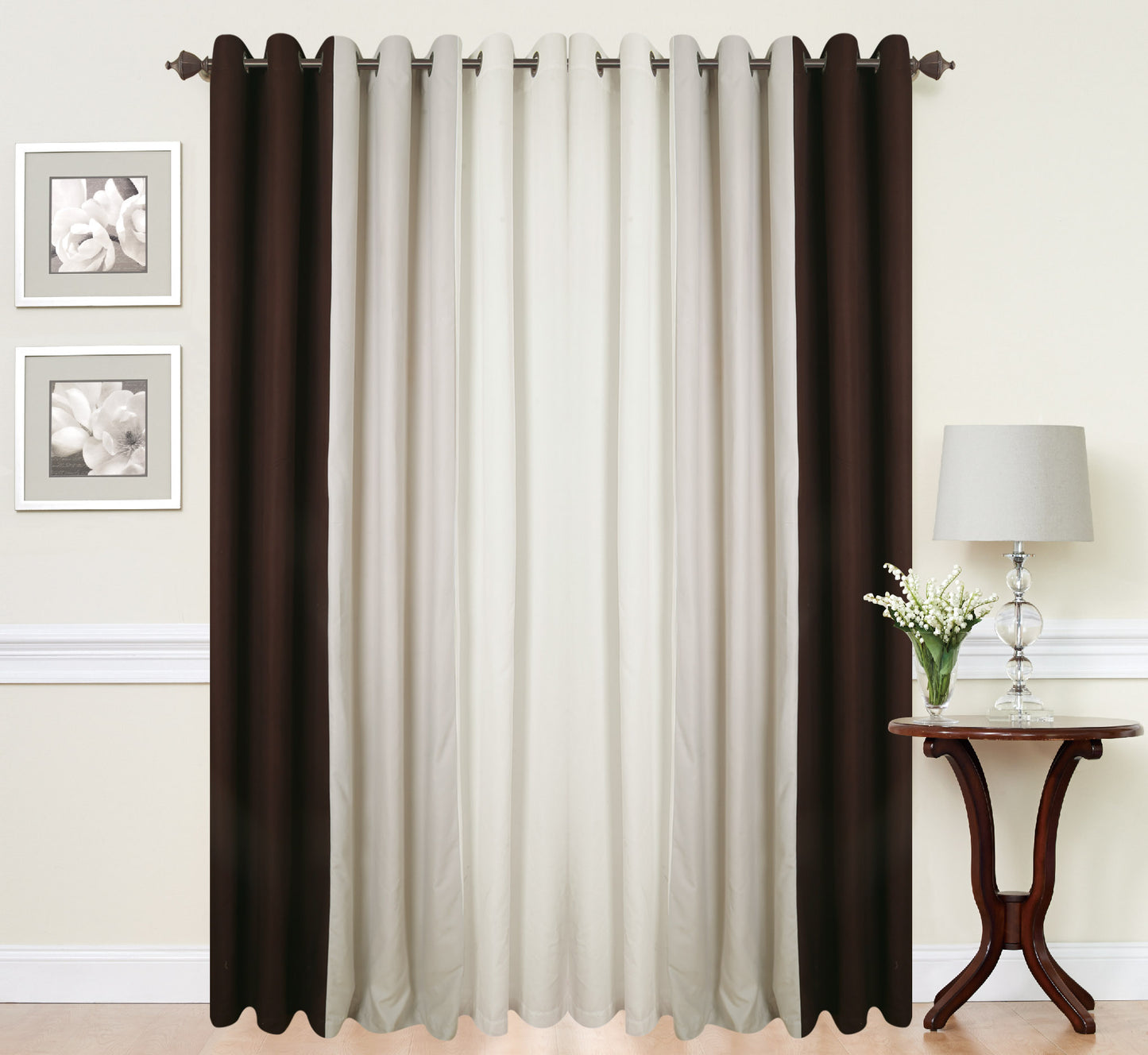 Eyelet Curtains Ring Top Pair of Curtains Brown Beige Cream