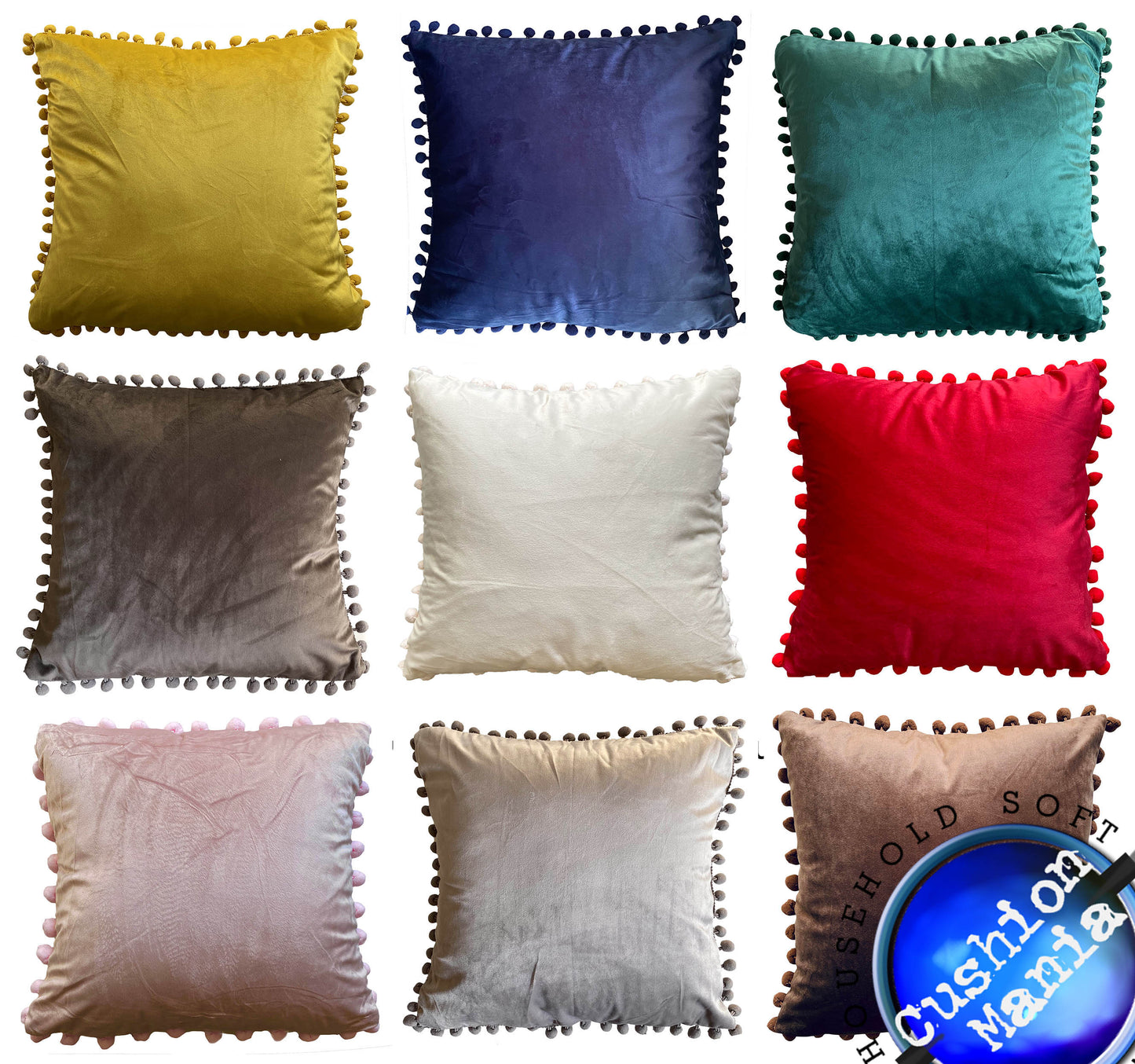 Pom Pom Cushion or Cover Plain Holland Plush Velvet 17" x 17"