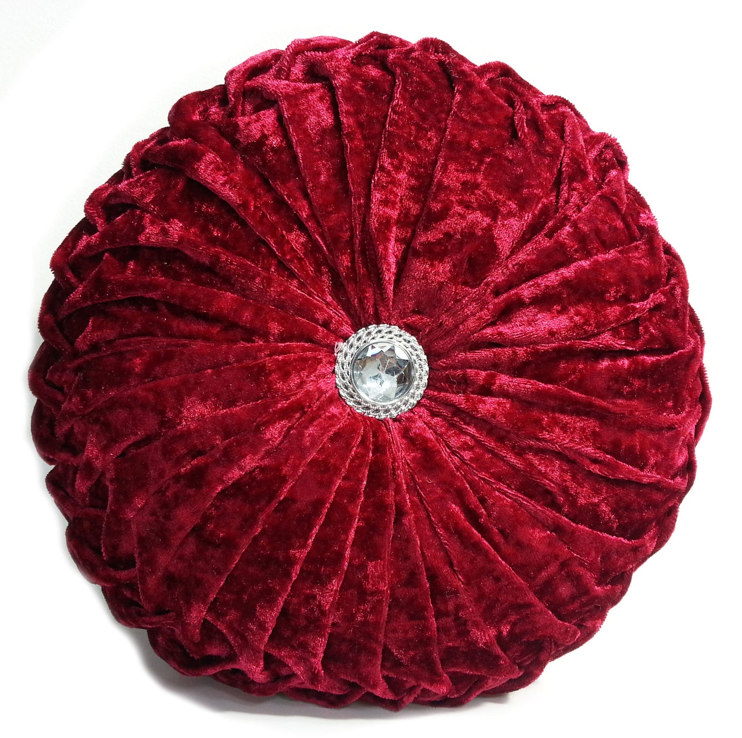 Round Cushion Crush Velvet Diamante Chic Filled Dark Red