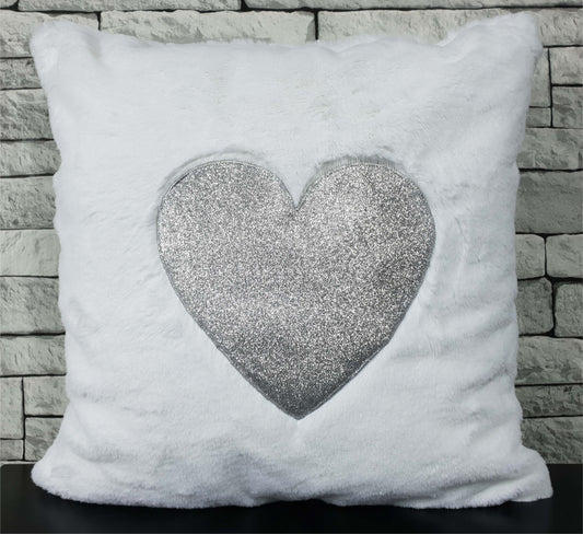 Cushion cover or cushions Soft Cuddly faux fur Silver Glitter Heart 17x17" WHITE