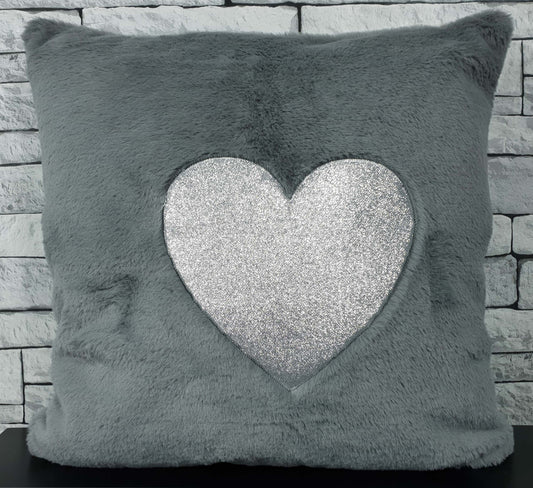 Cushion cover or cushions Super Soft Cuddly faux fur Silver Glitter Heart SILVER