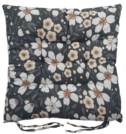 Seat Pad for Dining Garden Kitchen Chair Tie On Floral Grey