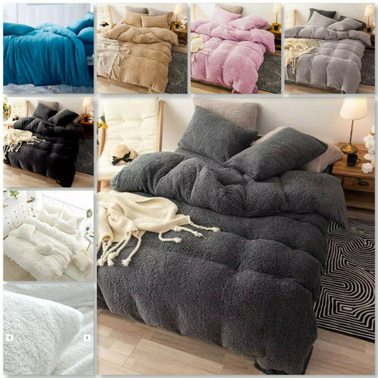 Teddy Bear Fleece Fitted Sheet OR Duvet Cover Set Sherpa Thermal Warm Bedding