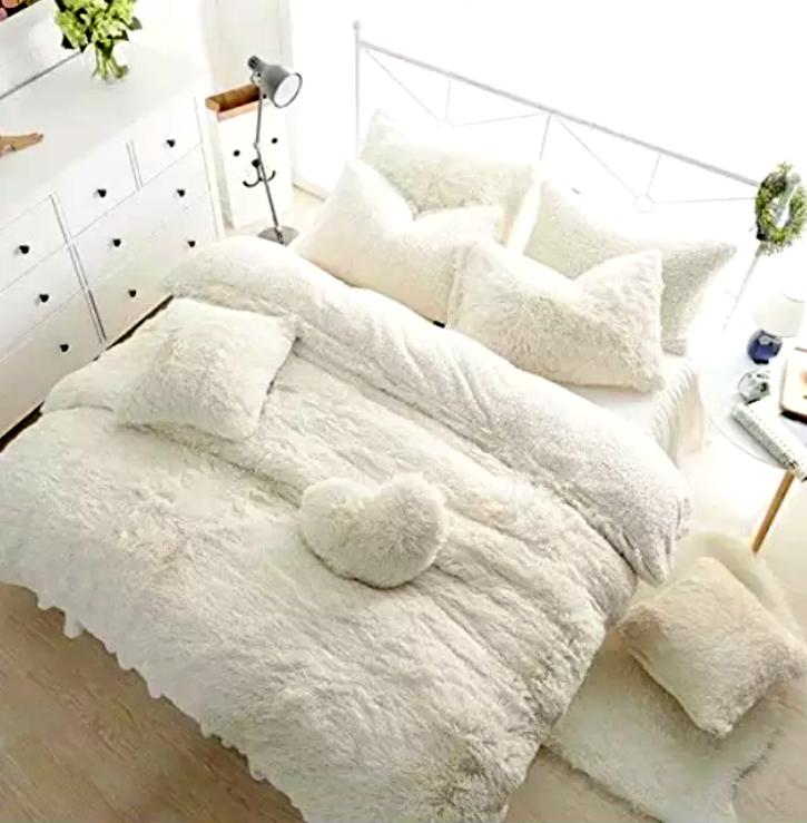 Teddy Bear Fleece Fitted Sheet OR Duvet Cover Set Sherpa Thermal Warm Bedding White