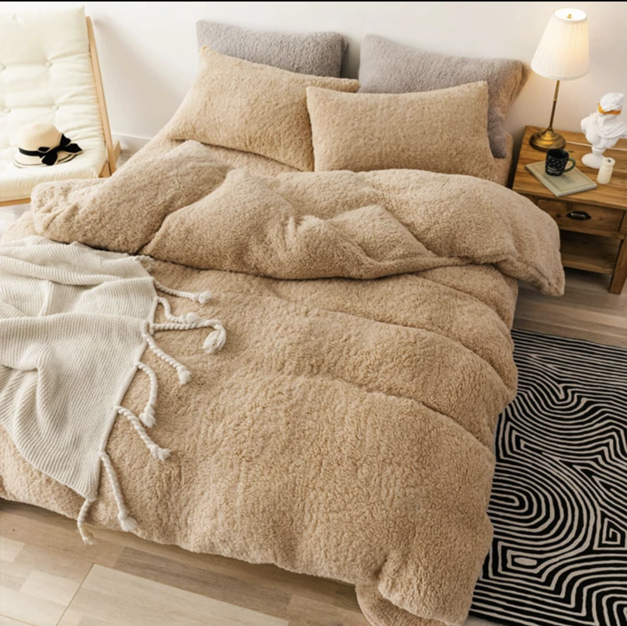 Teddy Bear Fleece Fitted Sheet OR Duvet Cover Set Sherpa Thermal Warm Bedding Champagne Gold