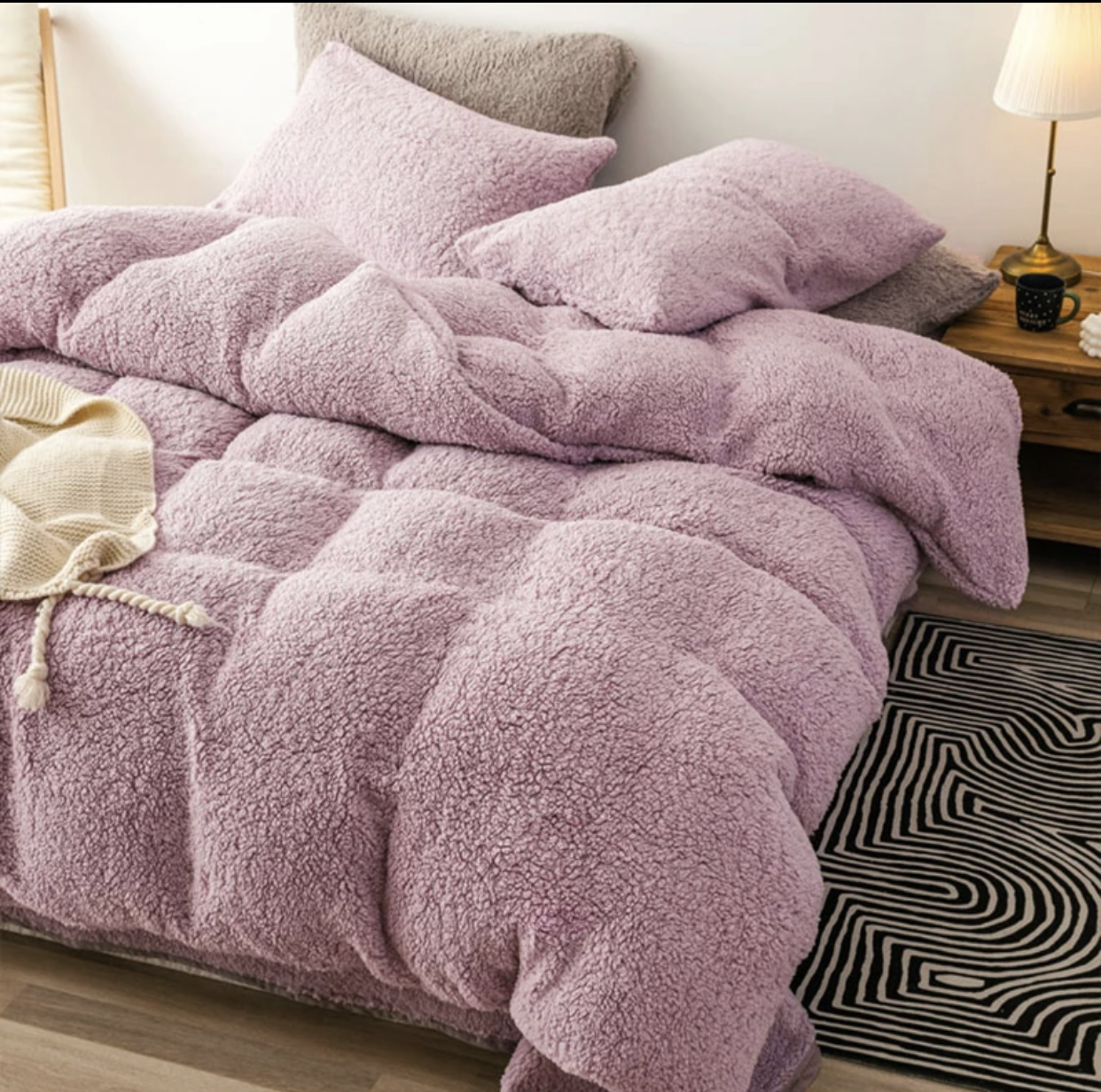 Teddy Bear Fleece Fitted Sheet OR Duvet Cover Set Sherpa Thermal Warm Bedding Pink