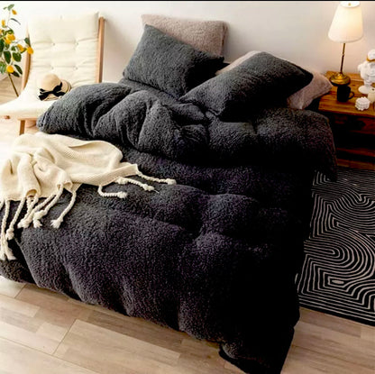 Teddy Bear Fleece Fitted Sheet OR Duvet Cover Set Sherpa Thermal Warm Bedding Black