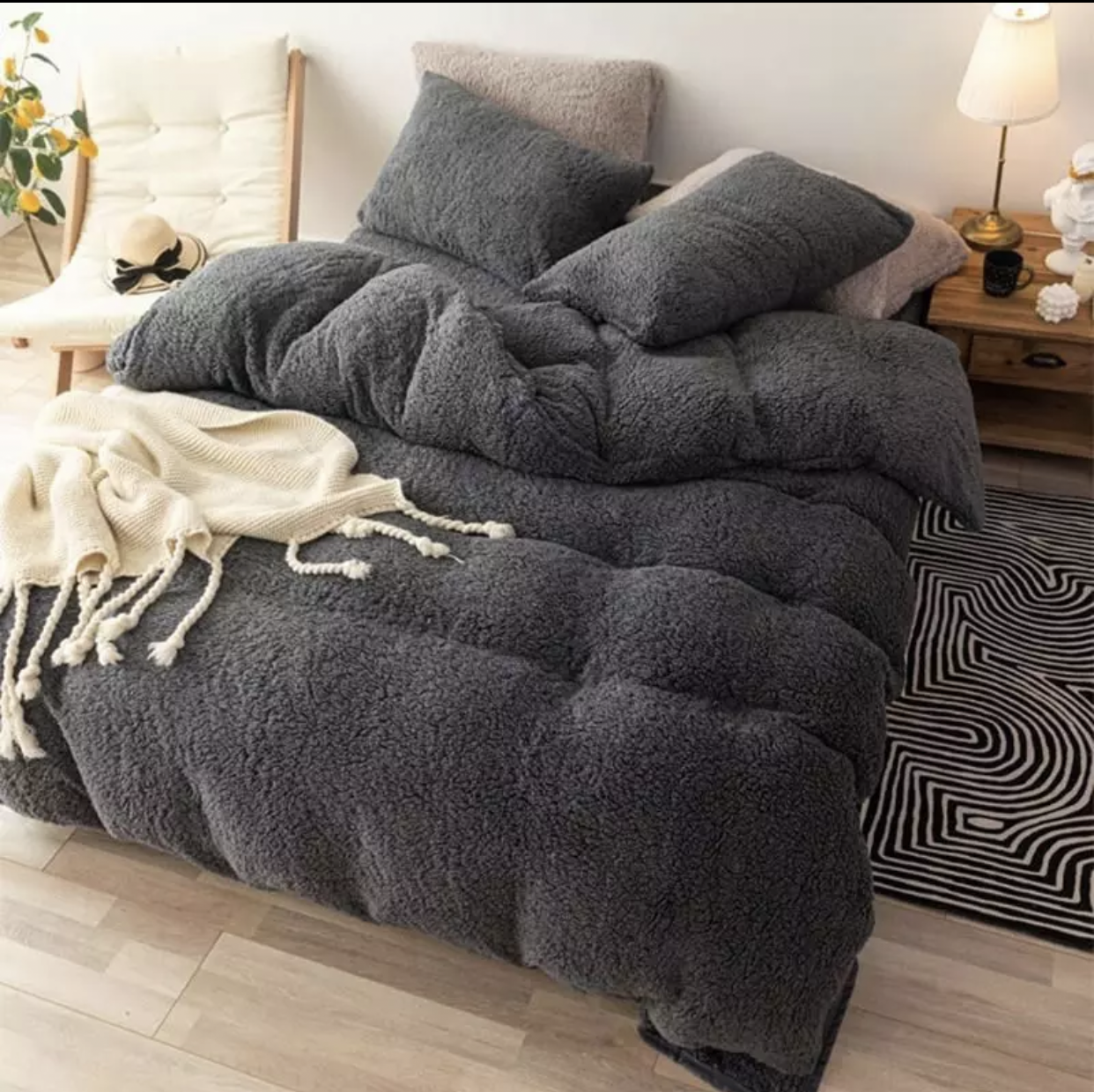 Teddy Bear Fleece Fitted Sheet OR Duvet Cover Set Sherpa Thermal Warm Bedding Grey