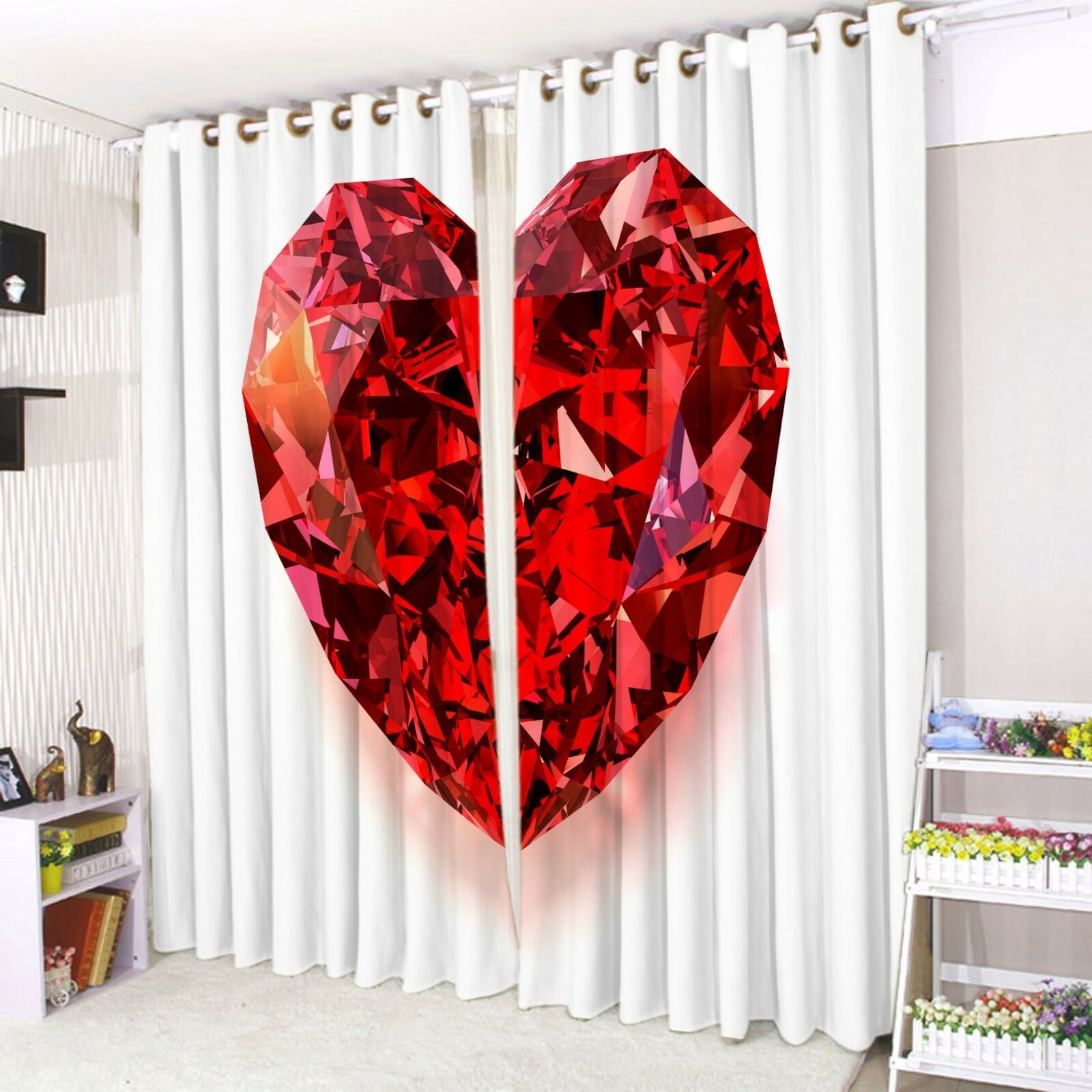 Eyelet Curtains Ring top Pair of 3d Printed Curtains Diamond Heart