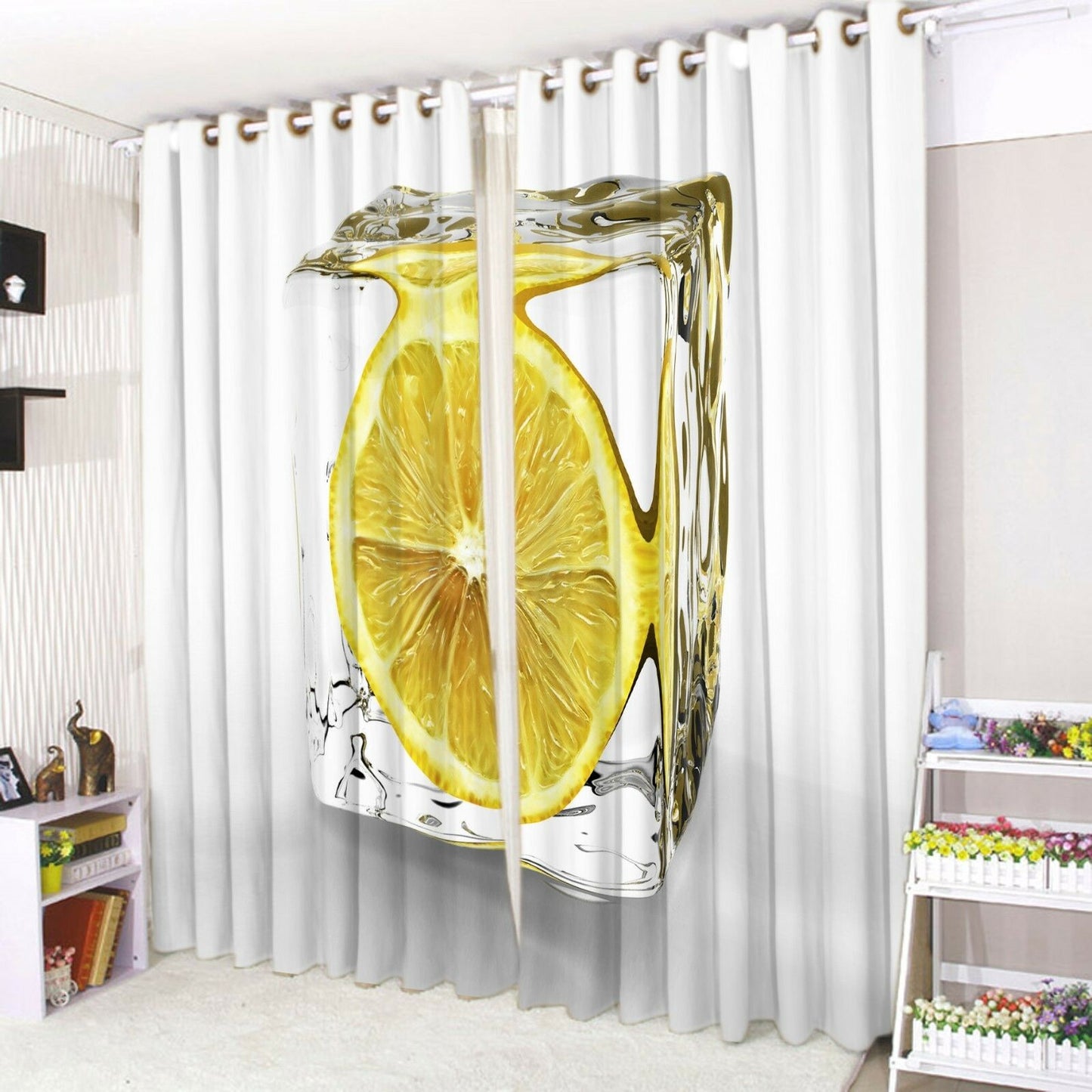 Eyelet Curtains Ring top Pair of 3d Printed Curtains Lemon