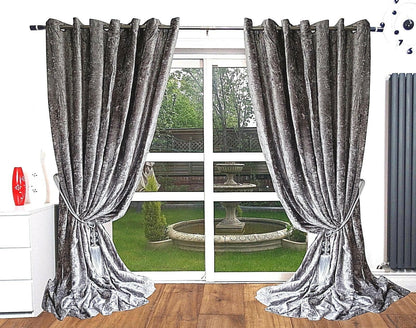Crushed Velvet Curtains Eyelet Ring Top Ready Made Blackout curtains Silver