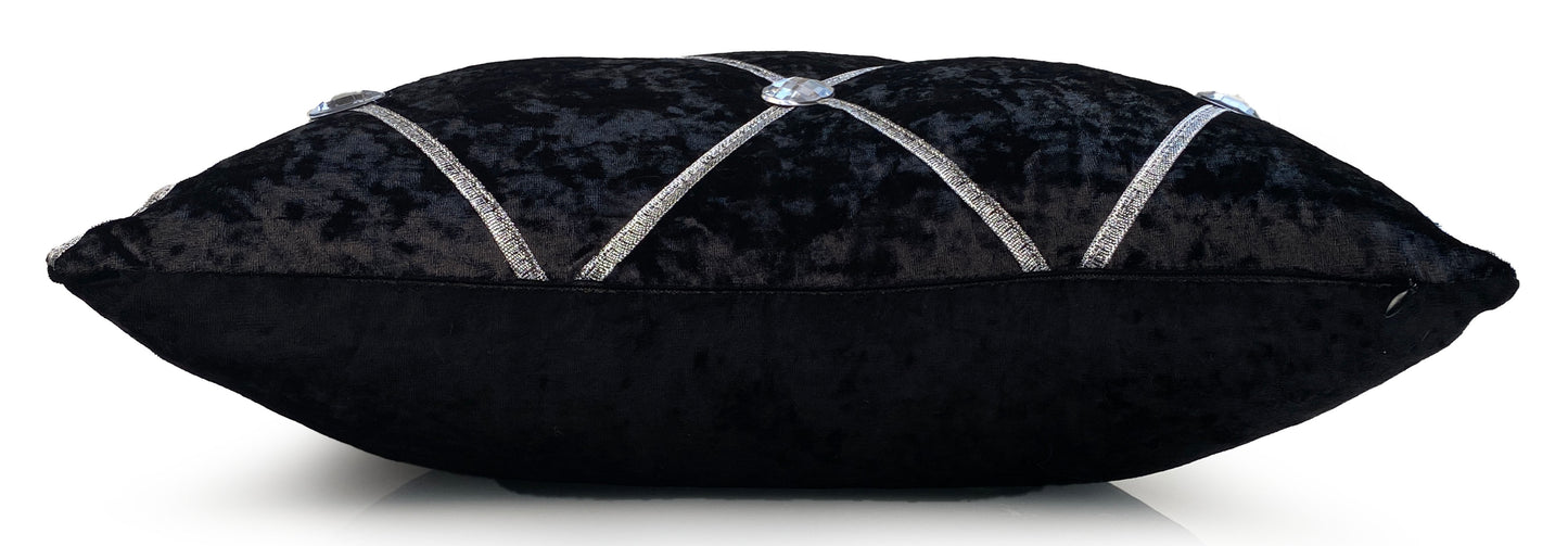 Large Crush Velvet Cushions or Covers Diamante Chesterfield  3 Sizes BLACK side view