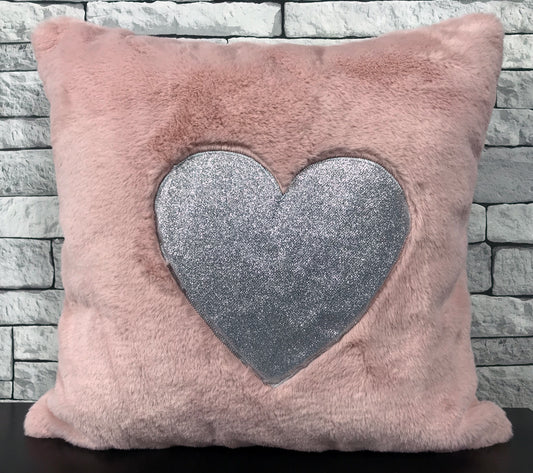 Cushion cover or cushions Super Soft Cuddly faux fur Silver Glitter Heart SOFT PINK
