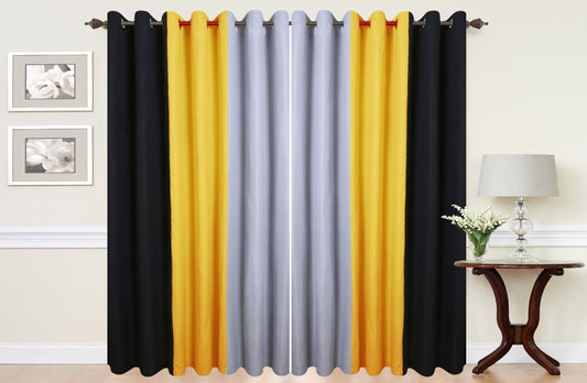 Eyelet curtains Ring Top Fully Lined Pair Ready made curtains 3 Tone BLACK/MUSTARD/GREY