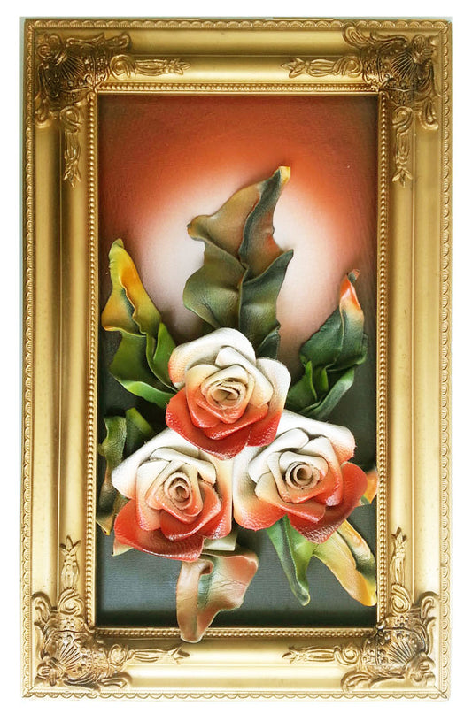 3D Wall Art Frames Leather Flower With Faux leather Leaves Wall Décor RED_CREAM