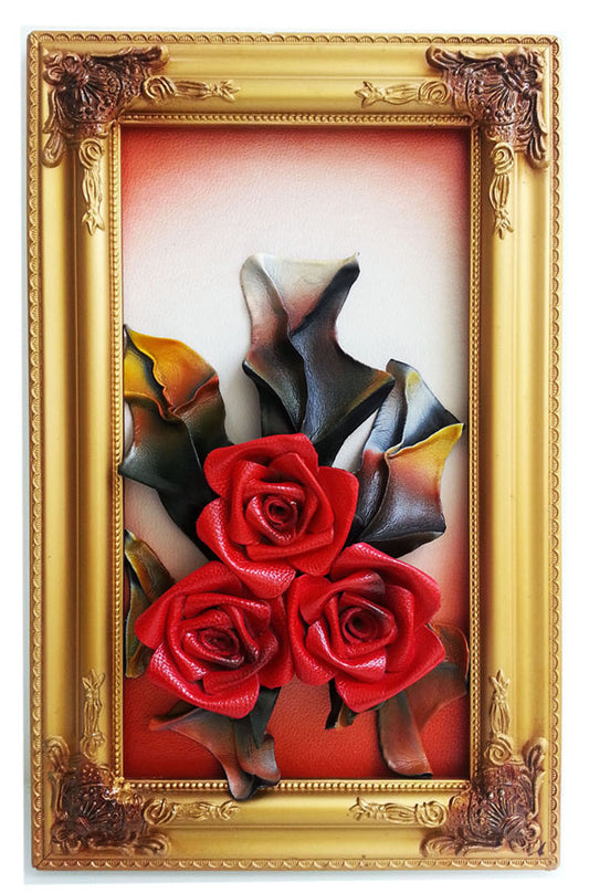 3D Wall Art Frames Leather Flower With Faux leather Leaves Wall Decor RED
