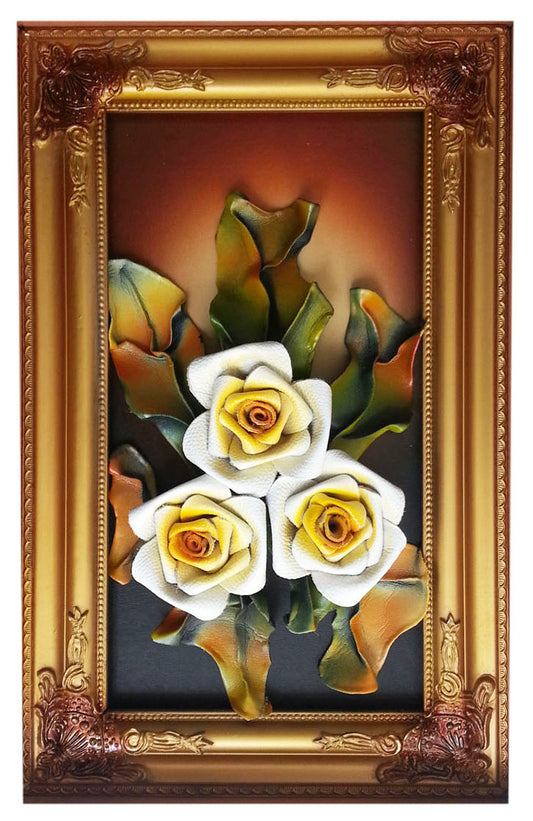 3D Wall Art Frames Leather Flower With Faux leather Leaves Wall Décor YELLOW_CREAM
