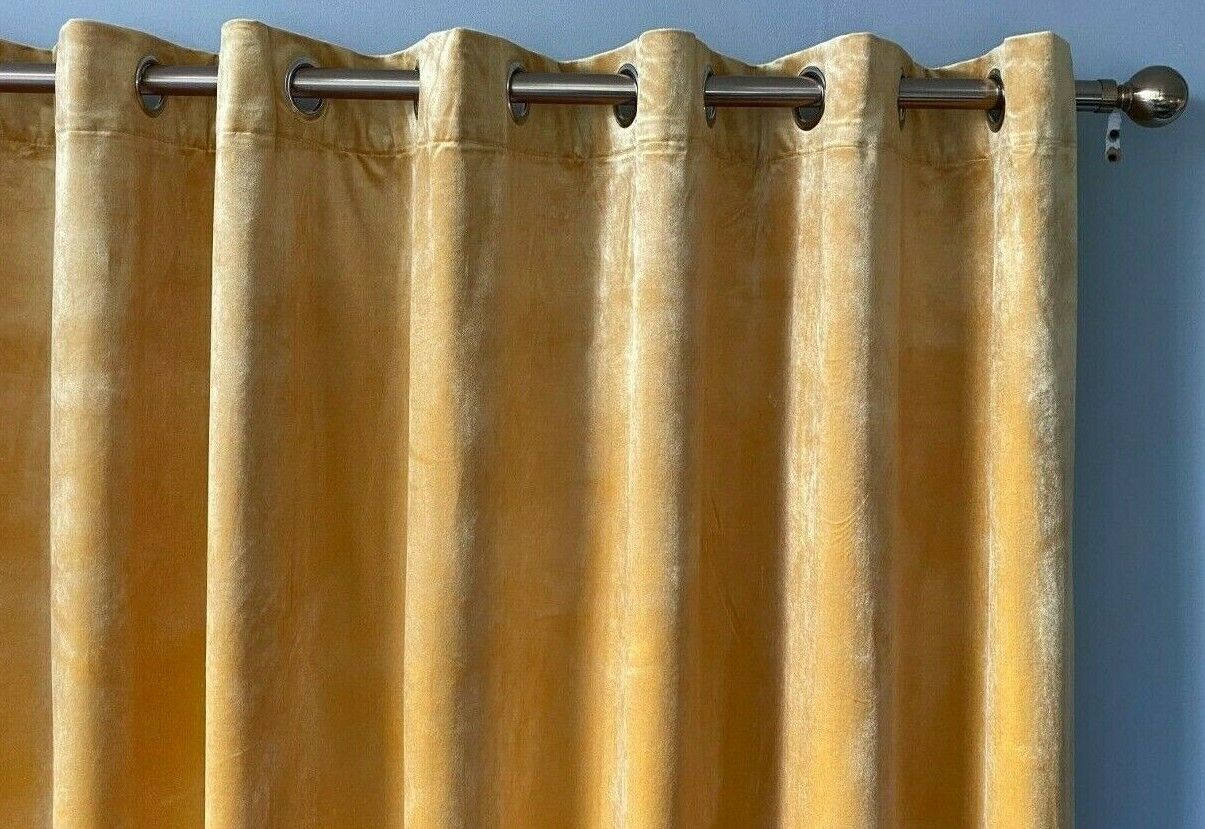 Eyelet Curtains Ring Top Lined Curtains ITALY Plush Velvet MUSTARD YELLOW closer view