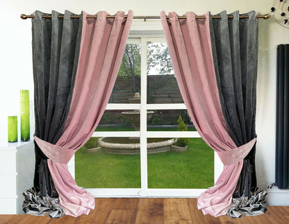 Ring Top Eyelet Curtains ITALY Plush Velvet 2 tone BLUSH PINK/grey opened view