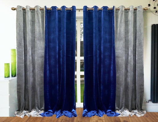 Ring Top Eyelet Curtains ITALY Plush Velvet 2 tone NAVY BLUE/grey