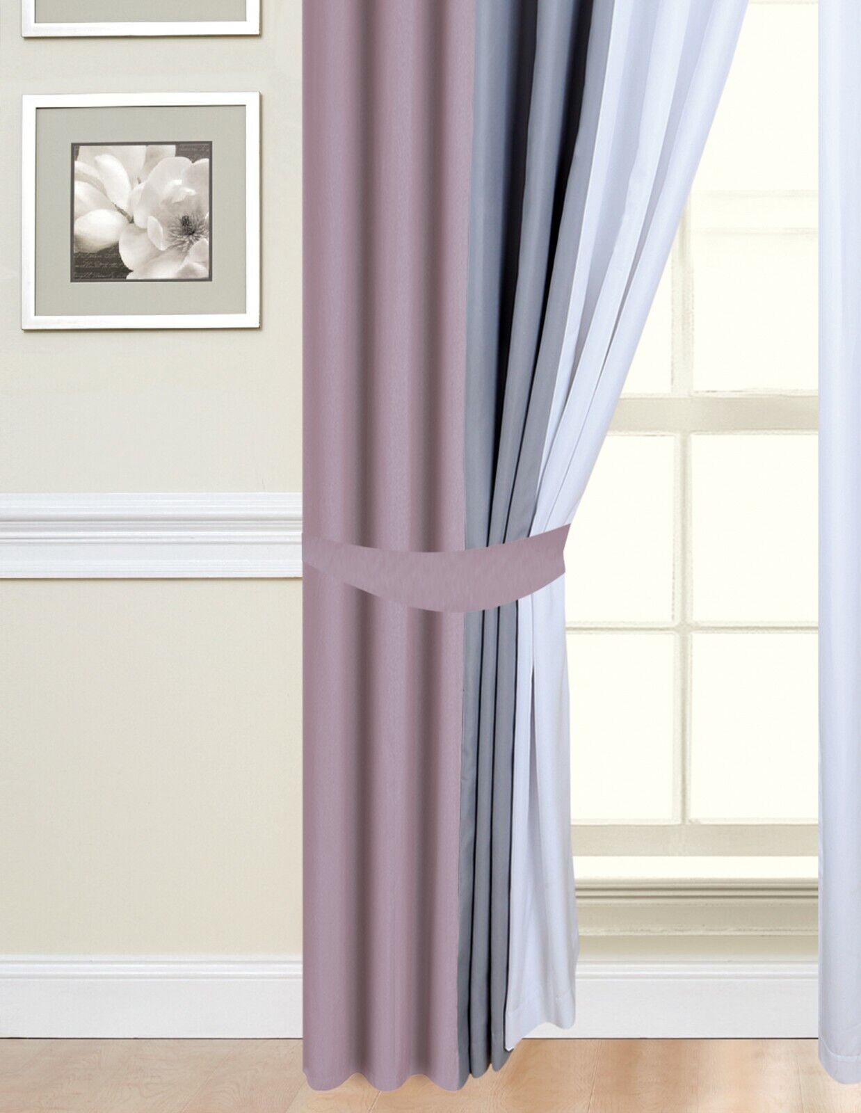 Eyelet curtains Pink Ring Top Fully Lined Pair of curtains Blush Pink Grey White Tie Backs