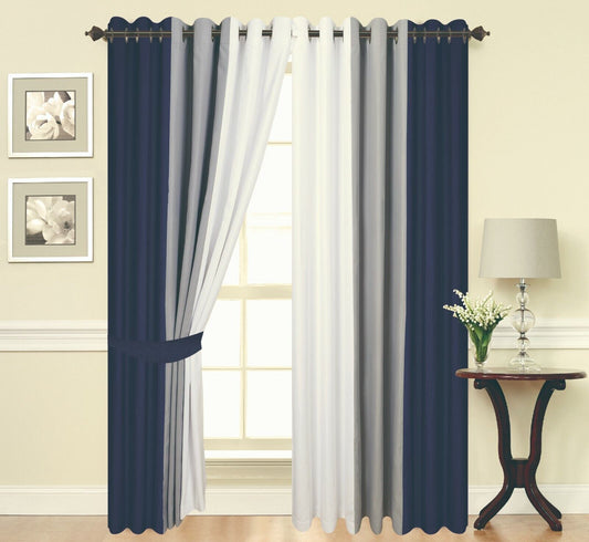 Eyelet curtains Navy Blue Ring Top Fully Lined Pair of curtains 3 Tone Navy Grey White